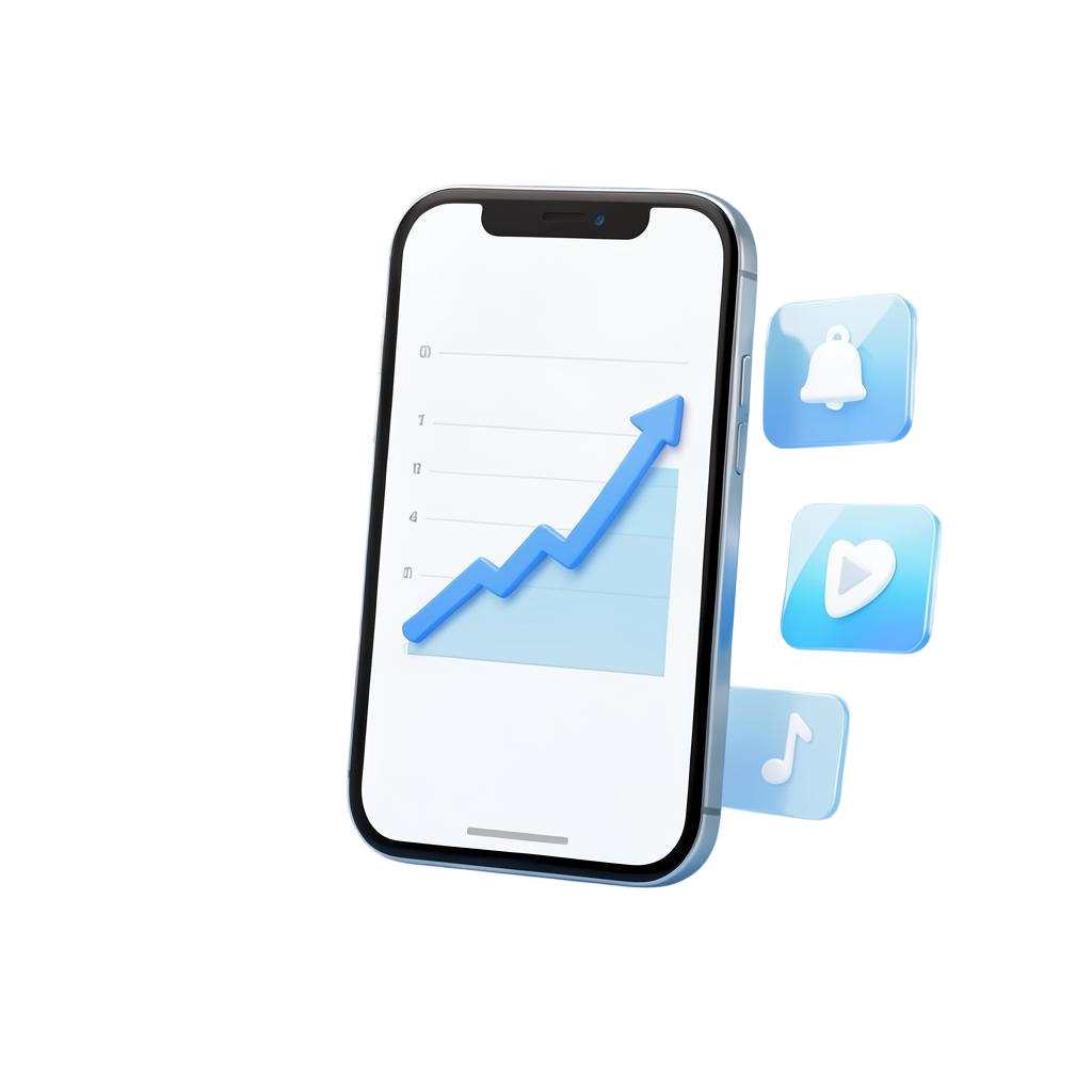 Illustration d'un smartphone affichant des statistiques de croissance et des notifications sociales